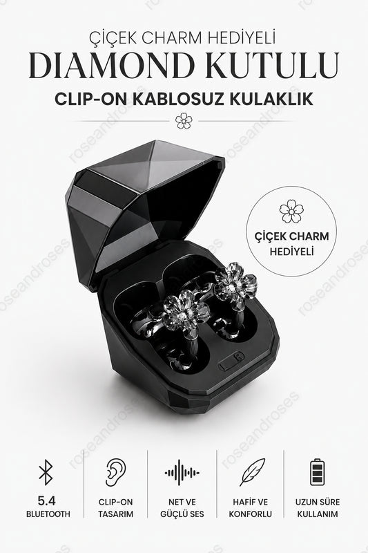 Çiçek Charm Hediyeli Diamond Kutulu Clip-On Kablosuz Kulaklık (Siyah)