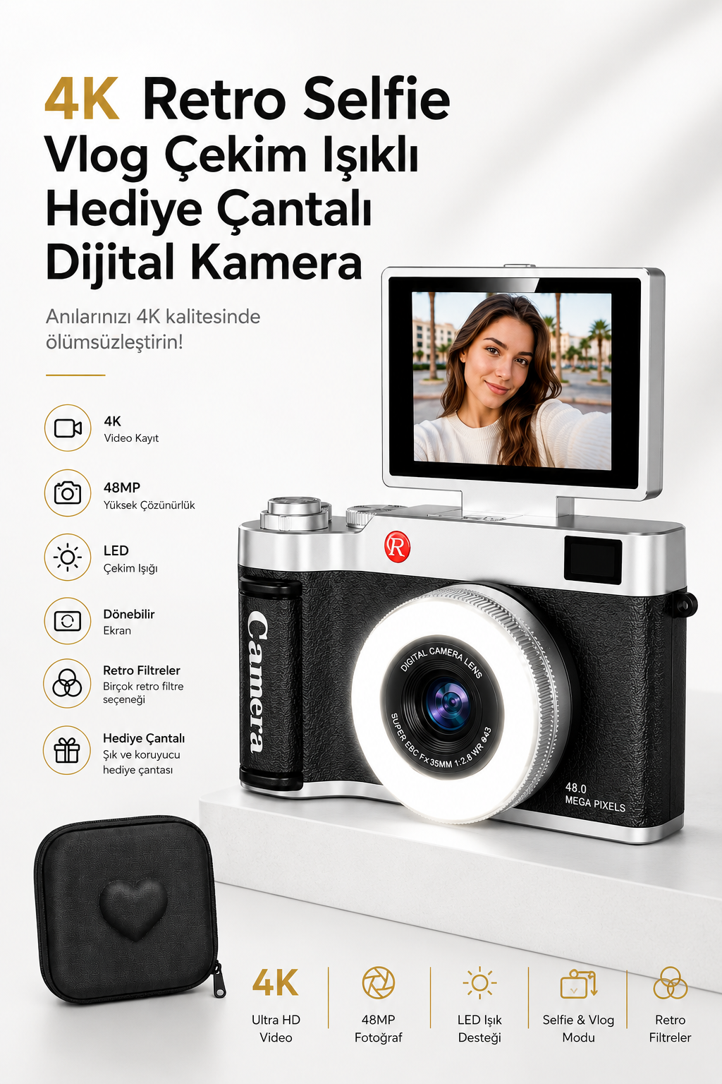 4K Retro Selfie Vlog Çekim Işıklı Hediye Çantalı Dijital Kamera (Siyah)