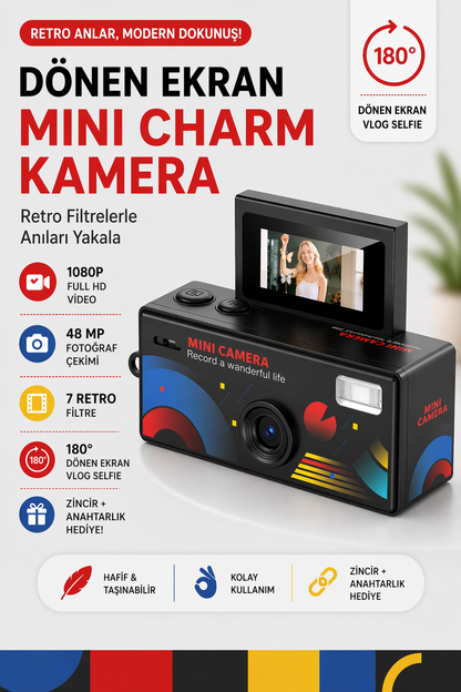 Mini Charm Kamera Dönen Ekran Flaşlı Selfie Video Vlog Kamerası 1080P+48MP (Siyah)