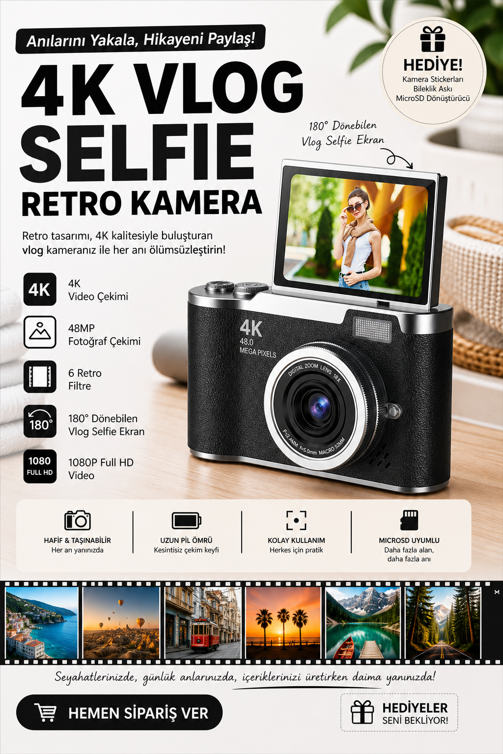 Sticker Hediyeli Retro Kamera Dönen Ekran Flaşlı Selfie Video Vlog Kamerası 4K+48MP (Siyah)