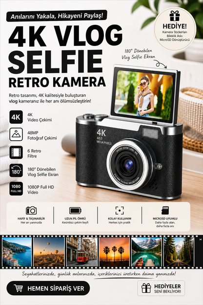 Sticker Hediyeli Retro Kamera Dönen Ekran Flaşlı Selfie Video Vlog Kamerası 4K+48MP (Siyah)