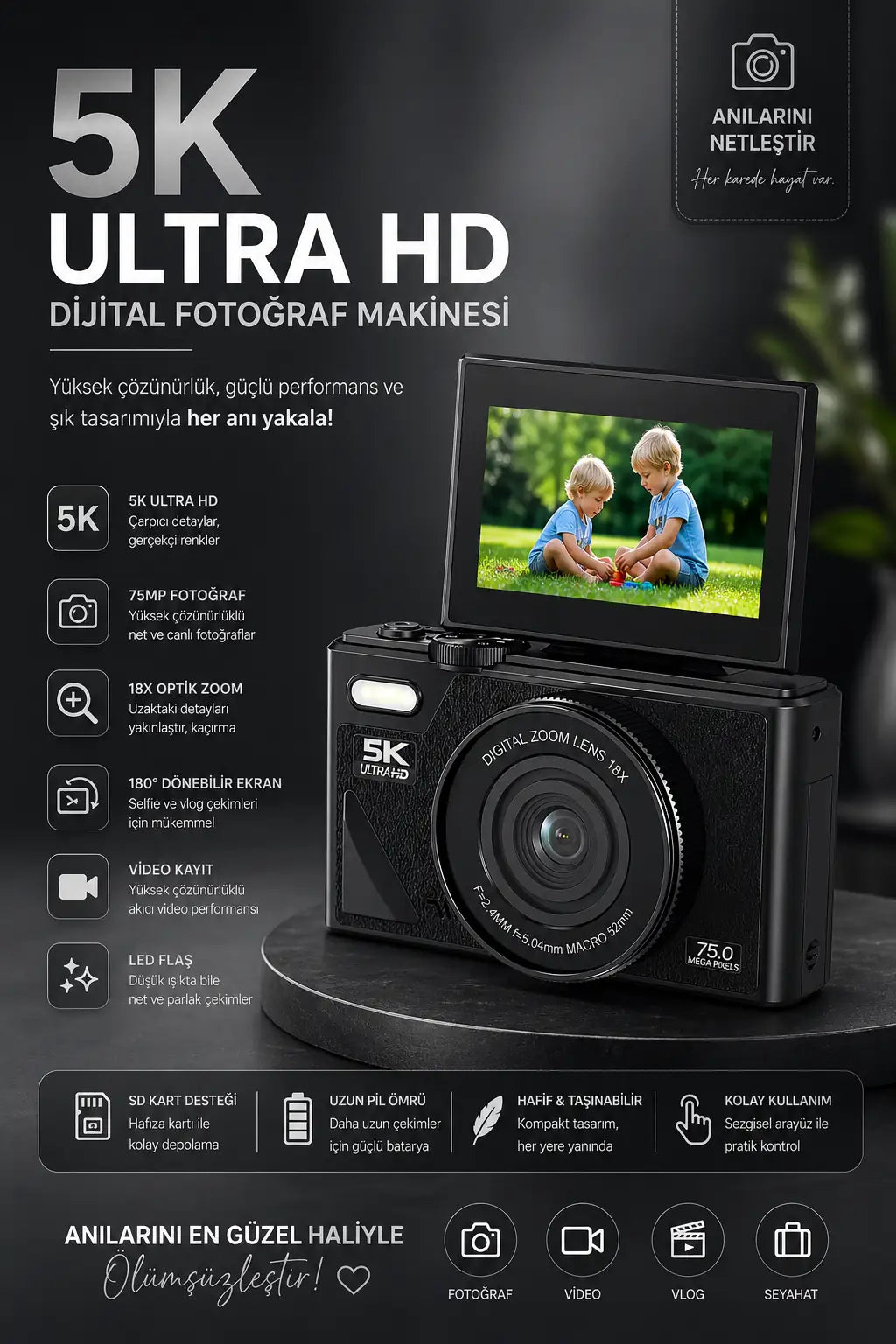 5K UHD 18x Zoom Dönen Ekran Video Foto Vlog Kamera (Siyah)