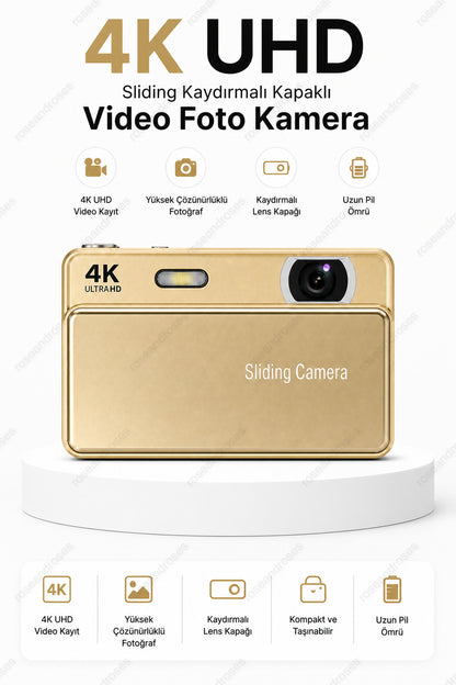 4K UHD Sliding Kamera – Kaydırmalı Lens Kapaklı Video Foto Kamera (Gold)
