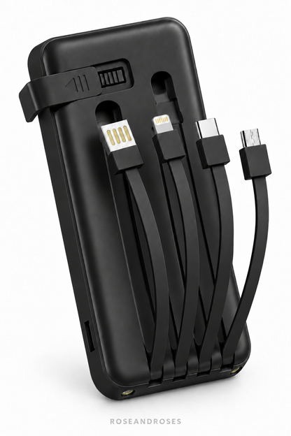 10.000 mAh Dahili Kablolu ve Telefon Standlı Powerbank – Siyah – dahili çoklu kablo görünümü