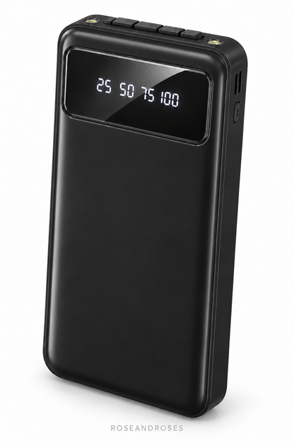 10.000 mAh Dahili Kablolu ve Telefon Standlı Powerbank – Siyah – beyaz arka plan