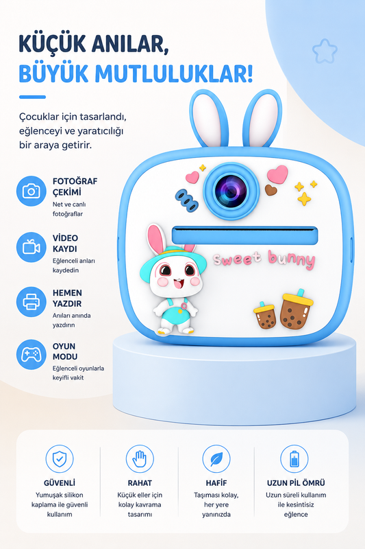 Silikon Korumalı Çift Kameralı Çocuk Printer Kamera (Tavşan Mavi)