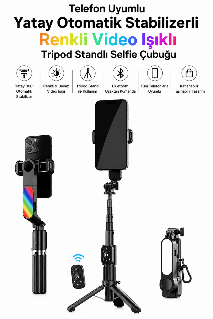 Telefon Uyumlu Yatay Otomatik Stabilizerli Renkli Video Işıklı Tripod Standlı Selfie Çubuğu