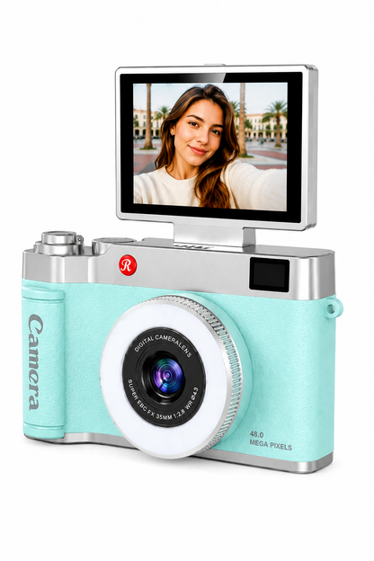 4K Retro Selfie Vlog Çekim Işıklı Hediye Çantalı Dijital Kamera (Turkuaz)