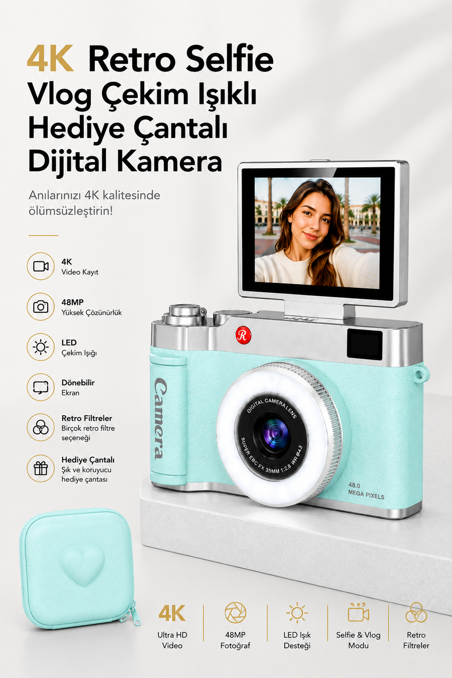 4K Retro Selfie Vlog Çekim Işıklı Hediye Çantalı Dijital Kamera (Turkuaz)