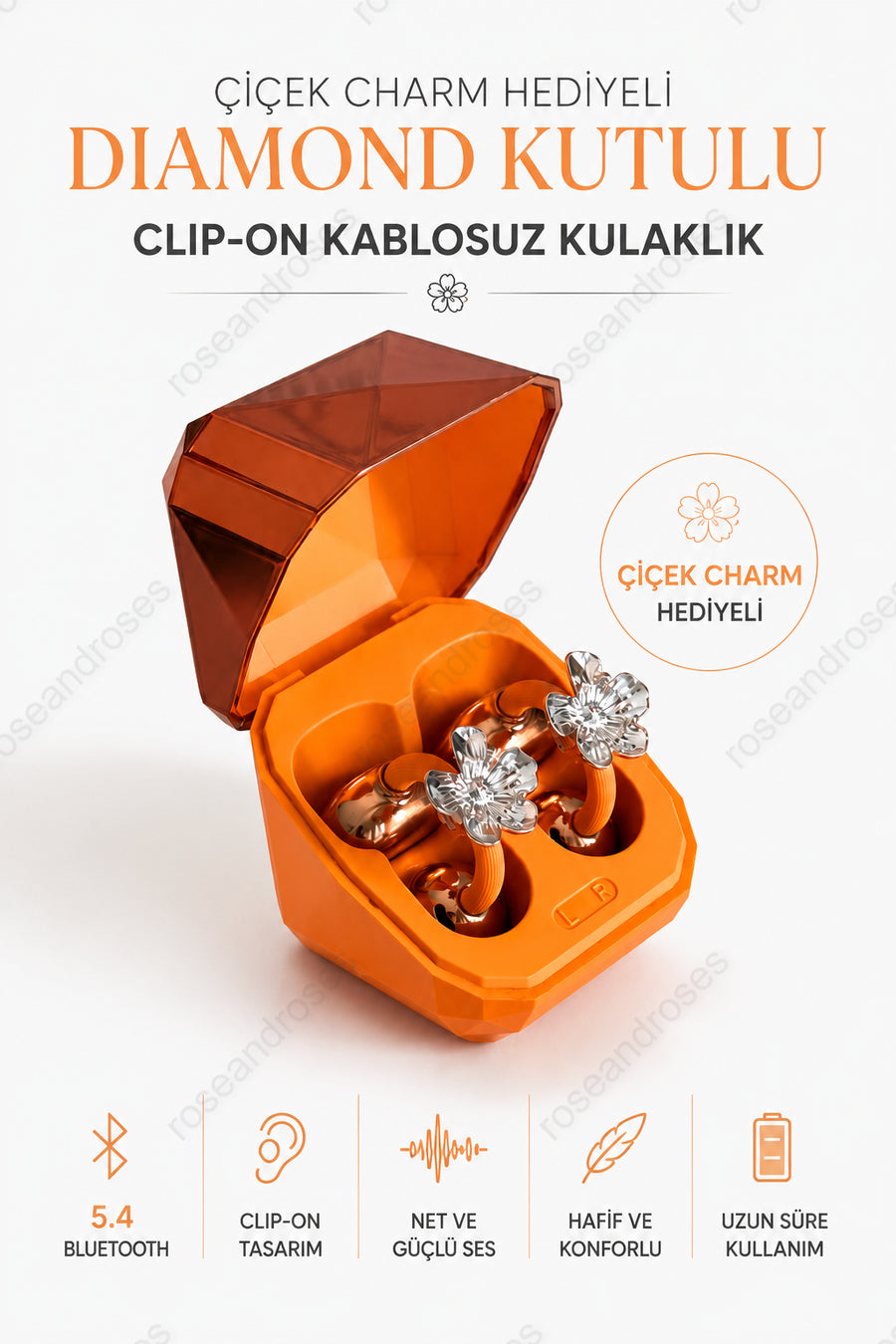 Çiçek Charm Hediyeli Diamond Kutulu Clip-On Kablosuz Kulaklık (Turuncu)
