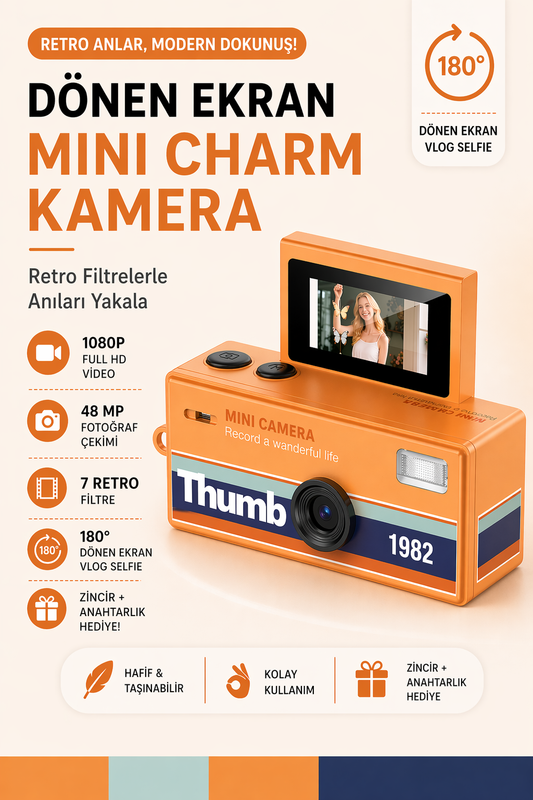Mini Charm Kamera Dönen Ekran Flaşlı Selfie Video Vlog Kamerası 1080P+48MP (Kulaklık)