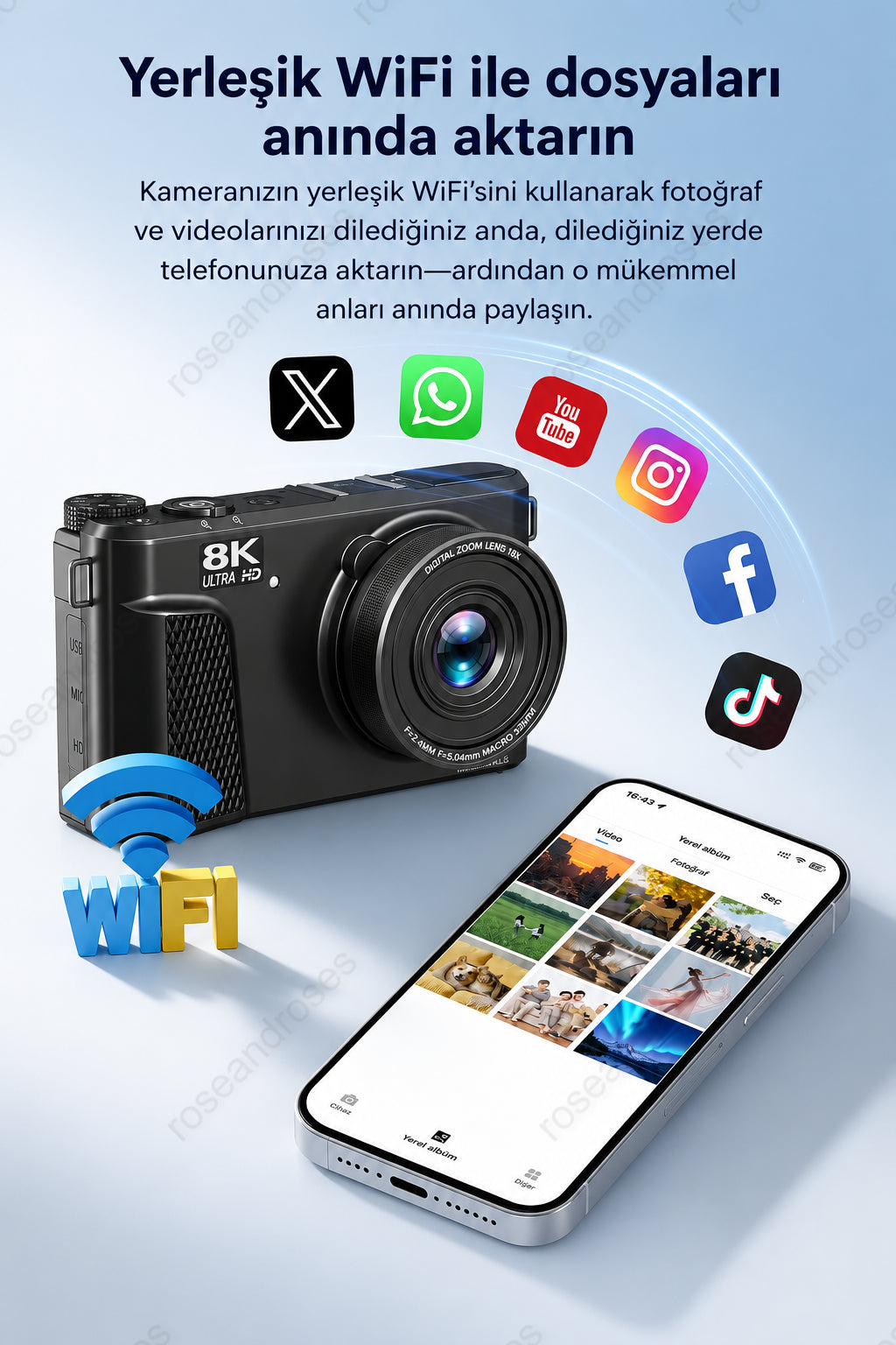 UltraPix 8K HD Vlog Selfie Ekran Video Foto Kamera (Pembe)