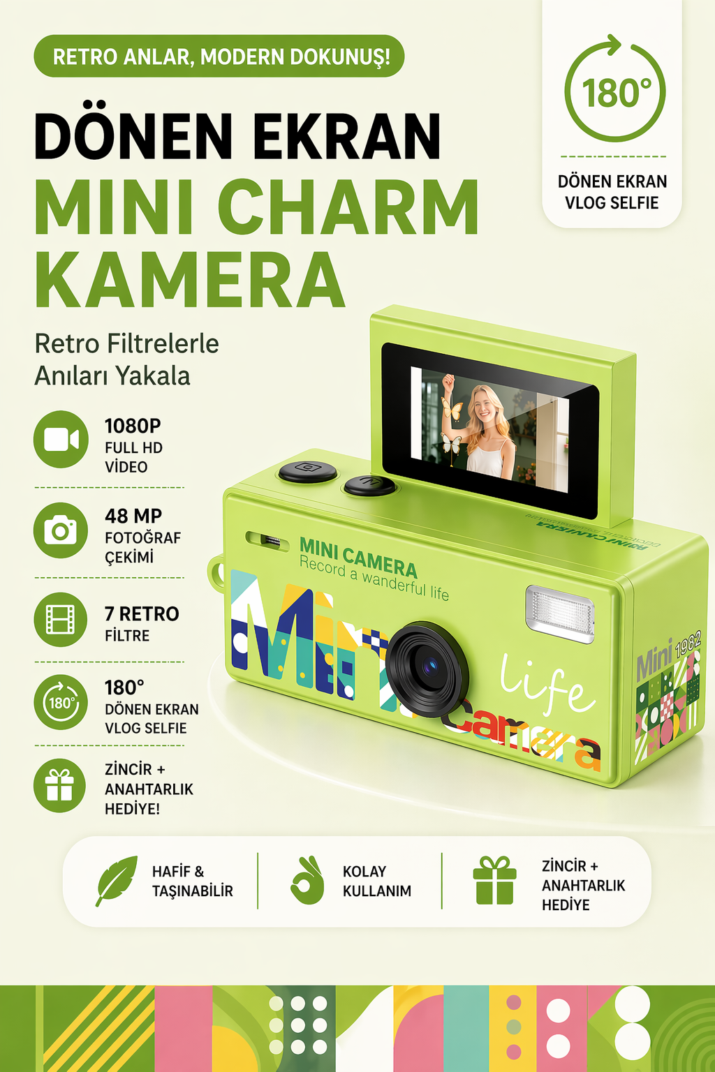 Mini Charm Kamera Dönen Ekran Flaşlı Selfie Video Vlog Kamerası 1080P+48MP (Yeşil)