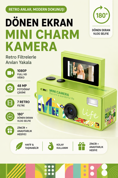 Mini Charm Kamera Dönen Ekran Flaşlı Selfie Video Vlog Kamerası 1080P+48MP (Yeşil)